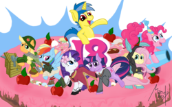 Size: 1280x800 | Tagged: safe, artist:mandy1412, applejack, fluttershy, pinkie pie, rainbow dash, rarity, twilight sparkle, oc, g4, apple, birthday, cake, mane six, party cannon