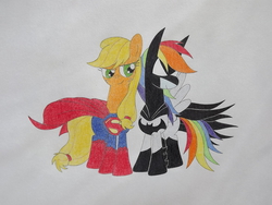 Size: 2048x1536 | Tagged: dead source, safe, artist:php66, applejack, rainbow dash, g4, app-el, batman, batmare, superman, supermare