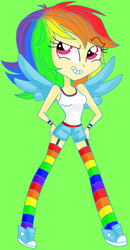 Size: 333x640 | Tagged: safe, artist:tinacrazy29, rainbow dash, human, g4, chibi, clothes, cute, female, garter belt, humanized, rainbow socks, shorts, sneakers, socks, solo, striped socks, tank top, thigh highs, top, winged humanization