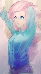 Size: 837x1481 | Tagged: safe, artist:yunni-yunni, fluttershy, human, g4, arm behind head, beanbrows, clothes, eyebrows, female, humanized, shirt, shorts, solo, winged humanization