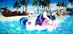 Size: 960x450 | Tagged: safe, artist:dm29, artist:sadaslhey, shining armor, smarty pants, twilight sparkle, g4, chair, duo, filly, filly twilight sparkle, irl, palm tree, photo, ponies in real life, sleeping, swimming pool, tree, umbrella, vector