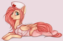 Size: 1280x847 | Tagged: safe, artist:yukomaussi, fluttershy, g4, looking at you, nurse, simple background