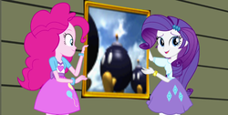 Size: 1366x686 | Tagged: safe, pinkie pie, rarity, bob-omb, equestria girls, g4, my little pony equestria girls: rainbow rocks, bob-omb battlefield, duo, framed picture, nintendo, rainboom's advertisement, super mario 64, super mario bros.