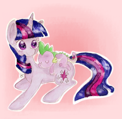 Size: 1232x1202 | Tagged: safe, artist:chiuuchiuu, spike, twilight sparkle, g4, mama twilight, simple background, sleeping, traditional art, watercolor painting