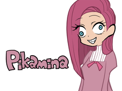 Size: 600x450 | Tagged: safe, artist:bartolomeus_, pinkie pie, human, g4, derp, female, humanized, misspelling, panty and stocking with garterbelt, pinkamena diane pie, simple background, smiling, solo, style emulation, white background