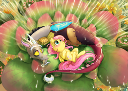 Size: 1241x877 | Tagged: safe, artist:c-puff, discord, fluttershy, draconequus, pegasus, pony, g4, commissioner:alarajrogers, curled up, female, male, mare, outdoors, plant, rain, ship:discoshy, shipping, straight, wet