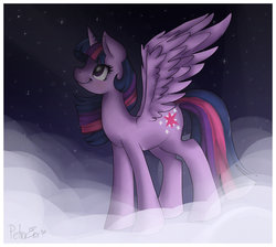 Size: 1024x919 | Tagged: safe, artist:drawing-heart, twilight sparkle, alicorn, pony, g4, cloud, cloudy, female, mare, night, solo, spread wings, stars, twilight sparkle (alicorn)