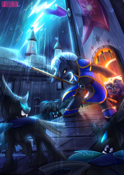 Size: 849x1200 | Tagged: safe, artist:seanica, cloudchaser, flitter, rumble, thunderlane, changeling, pony, g4, action pose, armor, badass, banner, bipedal, castle, fangs, lightning, protecting, rain, scared, spear