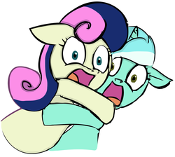 Size: 1180x1057 | Tagged: source needed, safe, artist:furseiseki, bon bon, lyra heartstrings, sweetie drops, earth pony, pony, g4, bon bon is not amused, duo, fear hug, female, hug, looking at you, open mouth, reaction image, scared, simple background, white background