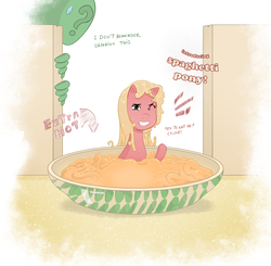 Size: 2183x2142 | Tagged: safe, artist:adequality, oc, oc only, oc:anon, food pony, original species, pony, food, high res, ponies in food, spaghetti, tiny, tiny ponies