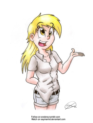 Size: 690x907 | Tagged: safe, artist:saymanhd, derpy hooves, human, g4, clothes, female, humanized, open mouth, shirt, shorts, simple background, solo, traditional art