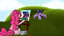 Size: 1920x1080 | Tagged: safe, artist:katsu, pinkie pie, twilight sparkle, alicorn, bird, pony, g4, brush, cloud, easel, female, grass, holding hooves, hoof hold, mare, paint, paint can, paintbrush, painting, pinkie's painting, pose, rear view, sitting, smiling, spread wings, twilight sparkle (alicorn), wallpaper