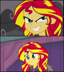 Size: 808x905 | Tagged: safe, sunset shimmer, equestria girls, g4, my little pony equestria girls, my little pony equestria girls: rainbow rocks, comparison, crazy face, cute sunset, evil, evil sunset, faic, redemption, reformed, smiling, solo, when she smiles