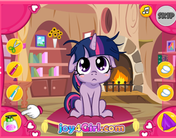 Size: 593x468 | Tagged: safe, twilight sparkle, pony, unicorn, g4, :<, :c, blushing, cute, dressup, dressup game, female, filly, filly twilight sparkle, flash game, floppy ears, frown, looking at you, messy mane, pillow, sitting, solo, twiabetes, twilight dog, unicorn twilight, younger