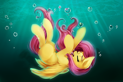 Size: 3000x2000 | Tagged: safe, artist:twigileia, fluttershy, pegasus, pony, g4, air bubble, blank flank, bubble, drowning, eyes closed, female, high res, imminent death, solo, underwater, watershy