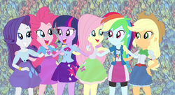 Size: 685x372 | Tagged: safe, artist:mojo1985, artist:rosathecat, applejack, fluttershy, pinkie pie, rainbow dash, rarity, twilight sparkle, equestria girls, g4, base used, humanized