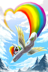 Size: 1217x1830 | Tagged: safe, artist:eiolf, rainbow dash, pegasus, pony, g4, badass, female, flying, looking at you, mountain, rainbow trail, scenery, signature, solo, spread wings