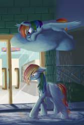 Size: 3000x4500 | Tagged: dead source, safe, artist:crazypon3, rainbow dash, pegasus, pony, g4, angry, cloud, duality, duo, floppy ears, frown, gritted teeth, high res, on a cloud, prone, rain, raincloud, self ponidox, smirk, spread wings, walking, wet mane