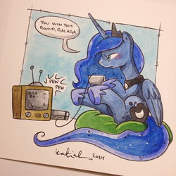 Size: 640x640 | Tagged: safe, artist:katie cook, princess luna, alicorn, pony, gamer luna, g4, galaga, nintendo entertainment system, traditional art, video game