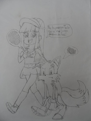Size: 768x1024 | Tagged: safe, artist:brandonale, artist:the-butch-x, twilight sparkle, equestria girls, g4, belly button, clothes, crossover, duo, lineart, male, midriff, miles "tails" prower, monochrome, skirt, sonic the hedgehog (series), spanish, tennis, traditional art