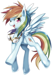 Size: 500x709 | Tagged: safe, artist:re_ghotion, rainbow dash, g4, anime, cute, dashabetes, female, goggles, manga, manga style, open mouth, simple background, solo, spread wings, underhoof, white background, wink