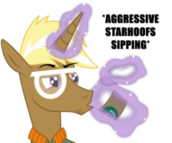 Size: 1030x861 | Tagged: safe, artist:knadow-the-hechidna, trenderhoof, pony, unicorn, g4, aggressive, aura, drinking, hipster, magic, male, sipping, stallion, starbucks, starhoofs