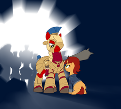 Size: 1024x922 | Tagged: safe, artist:moonlitbrush, oc, oc only, oc:copper bud, pony, unicorn, fallout equestria, armor, colt, crying, fallout: new vegas, legate, male