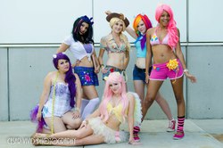 Size: 960x636 | Tagged: safe, artist:xaleux, applejack, fluttershy, pinkie pie, rainbow dash, rarity, twilight sparkle, human, g4, belly button, belly piercing, bellyring, clothes, cosplay, irl, irl human, mane six, midriff, photo, piercing, skirt