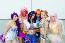 Size: 960x636 | Tagged: safe, artist:xaleux, applejack, fluttershy, pinkie pie, rainbow dash, rarity, twilight sparkle, human, g4, belly button, belly piercing, bellyring, clothes, cosplay, irl, irl human, mane six, midriff, photo, piercing