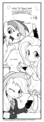 Size: 400x1116 | Tagged: safe, artist:hydrowing, applejack, fluttershy, rainbow dash, g4, clothes, comic, monochrome, pixiv, soy sauce