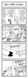 Size: 400x1116 | Tagged: safe, artist:hydrowing, pinkie pie, spike, twilight sparkle, deer, g4, 4koma, cloven hooves, comic, pixiv, rock paper scissors, species swap, wat