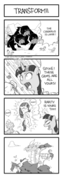 Size: 400x1116 | Tagged: safe, artist:hydrowing, cerberus (g4), rarity, spike, twilight sparkle, cerberus, g4, 4koma, comic, growth, monochrome, multiple heads, pixiv, spikezilla, three heads