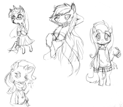 Size: 800x699 | Tagged: safe, artist:hydrowing, fluttershy, rainbow dash, rarity, twilight sparkle, pony, g4, bipedal, clothes, monochrome, pixiv, sketch