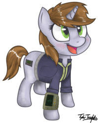 Size: 795x1005 | Tagged: safe, artist:teschke, oc, oc only, oc:littlepip, pony, unicorn, fallout equestria, blushing, clothes, cute, cutie mark, fanfic, fanfic art, female, hooves, horn, jumpsuit, looking up, mare, open mouth, pipabetes, pipbuck, signature, simple background, solo, transparent background, vault suit