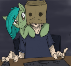 Size: 514x480 | Tagged: artist needed, safe, artist:stasyan1902, color edit, edit, oc, oc only, oc:anon, human, pony, bag on head, colored, computer, computer mouse, keyboard, looking at you, paper bag