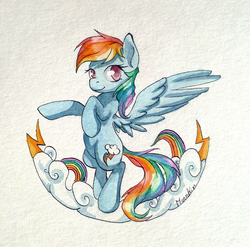 Size: 900x889 | Tagged: safe, artist:moenkin, rainbow dash, g4, cloud, cloudy, female, solo, spread wings