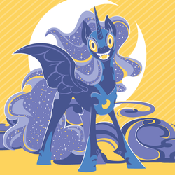 Size: 800x800 | Tagged: dead source, safe, artist:yousukou, nightmare moon, pony, g4, abstract background, crescent moon, ethereal mane, female, flat colors, head tilt, limited palette, lineless, looking at you, moon, open mouth, smiling, solo, sparkles, spread wings, starry mane, wide eyes, yellow eyes