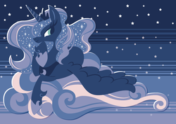 Size: 842x595 | Tagged: dead source, safe, artist:yousukou, princess luna, alicorn, pony, g4, cloud, cloudy, female, night, prone, solo, spread wings