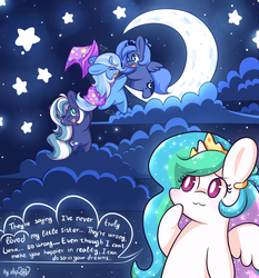 Size: 2048x2196 | Tagged: safe, artist:dsp2003, princess celestia, princess luna, trixie, oc, alicorn, earth pony, pony, unicorn, g4, :3, :3c, bipedal, chibi, cloud, cloudy, comic, crescent moon, cute, cutie mark, female, filly, hat, high res, moon, night, s1 luna, style emulation, tangible heavenly object, transparent moon, woona