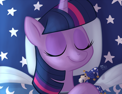 Size: 1100x849 | Tagged: safe, artist:1trick, part of a set, star swirl the bearded, twilight sparkle, g4, 1trickpone's sleeping ponies, bed, doll, eyes closed, female, sleeping, smiling, solo