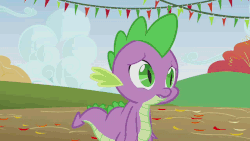 Size: 896x504 | Tagged: safe, screencap, pinkie pie, spike, fall weather friends, g4, animated, announcer, banner, cloud, cloudy, cute, empathy, friendship, frown, hot air balloon, leaning, leaves, megaphone, rope, smiling, talking, tree