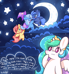Size: 2048x2196 | Tagged: safe, alternate version, artist:dsp2003, fluttershy, princess celestia, princess luna, trixie, g4, :3, blushing, chibi, cloud, cloudy, crescent moon, cute, diatrixes, filly, happy, high res, moon, open mouth, s1 luna, shyabetes, style emulation, tangible heavenly object, text, transparent moon, wink, woona