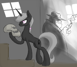 Size: 1200x1040 | Tagged: safe, artist:lemon, derpibooru exclusive, oc, oc only, oc:greyscale, diamond dog, pony, unicorn, cigar, glasses, hat, hoof hold, male, noir, raised leg, skull