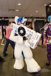 Size: 636x960 | Tagged: safe, artist:cutehornyunicorn, artist:temperance, dj pon-3, vinyl scratch, human, b.u.c.k., b.u.c.k. 2014, g4, convention, dubstep gun, fursuit, irl, irl human, musical instrument, photo, solo, turntable