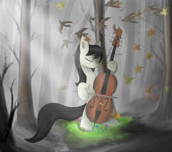 Size: 1500x1321 | Tagged: safe, artist:irigulus, octavia melody, bird, pony, g4, bipedal, cello, female, forest, gray, leaves, musical instrument, solo