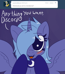 Size: 750x854 | Tagged: dead source, safe, artist:skoon, princess luna, alicorn, pony, naughty luna, g4, ask, clothes, collar, female, gloves, implied discord, implied lunacord, implied shipping, implied straight, mare, puppy dog eyes, solo, tumblr