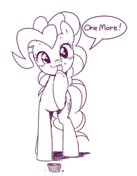 Size: 599x767 | Tagged: safe, artist:30clock, pinkie pie, g4, cupcake, cute, dialogue, diapinkes, female, licking, looking at you, monochrome, pixiv, sketch, solo