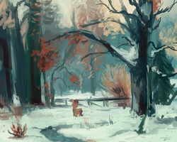 Size: 1280x1024 | Tagged: safe, artist:celestiawept, scootaloo, pegasus, pony, g4, abandoned, alone, clothes, female, fence, filly, foal, forest, homeless, looking away, orphan, sad, scarf, scenery, scootalone, scootasad, snow, solo, tree, winter