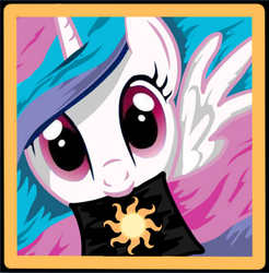 Size: 686x697 | Tagged: safe, artist:michellka, princess celestia, g4, close-up, female, looking at you, mouth hold, solo, spread wings