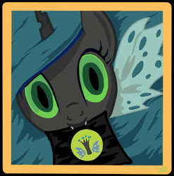 Size: 597x604 | Tagged: safe, artist:michellka, queen chrysalis, changeling, changeling queen, g4, close-up, fangs, female, looking at you, mouth hold, solo